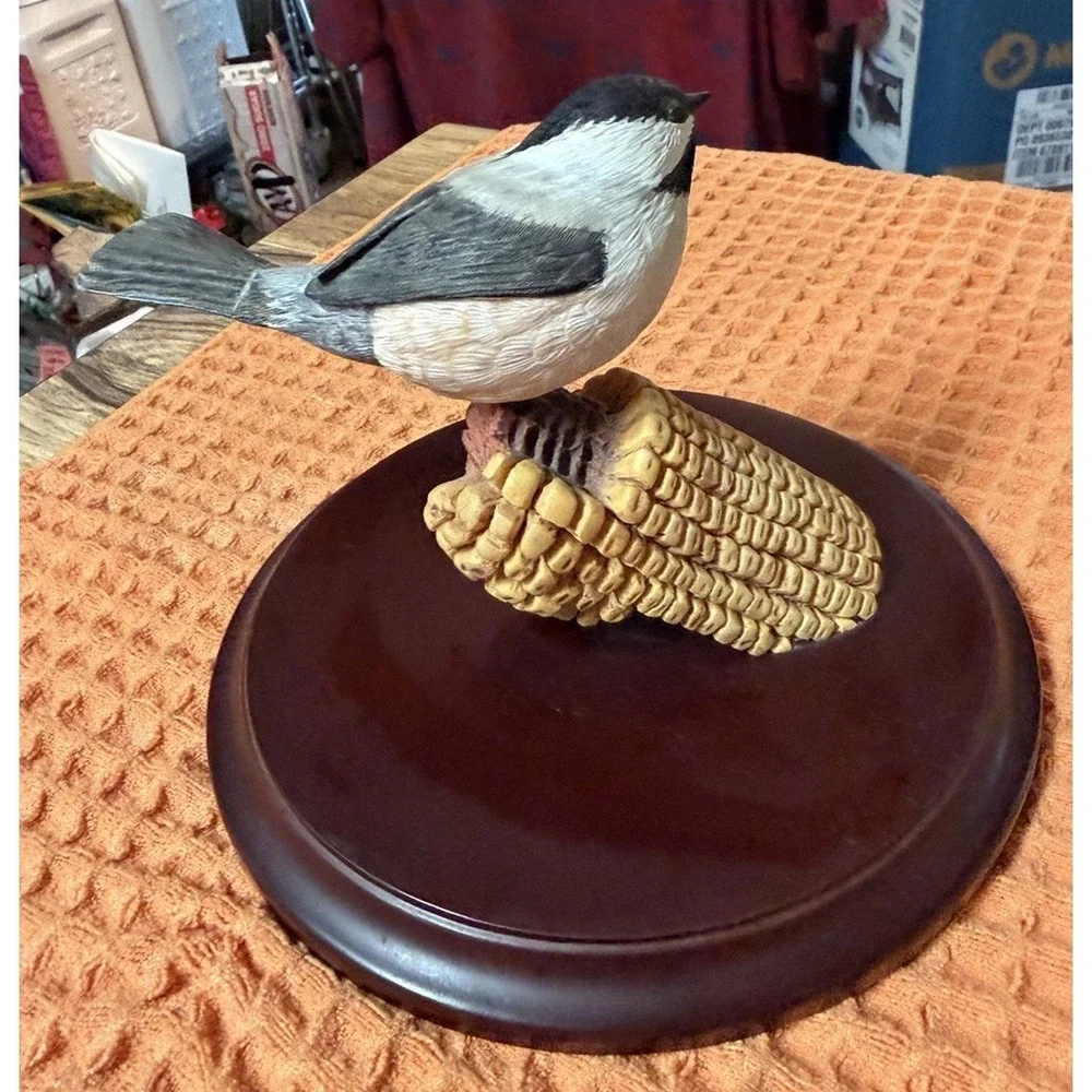Vintage Black-Capped Chickadee Figurine on Corn Cob - Round Wood Base 6.5